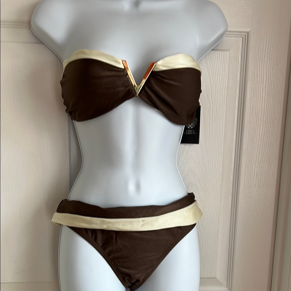 Vince Camuto Elegant Brown and Cream Bandeau Bikini